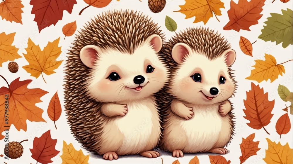 Cartoon illustration funny hedgehog colleagues on the background of autumn leaves