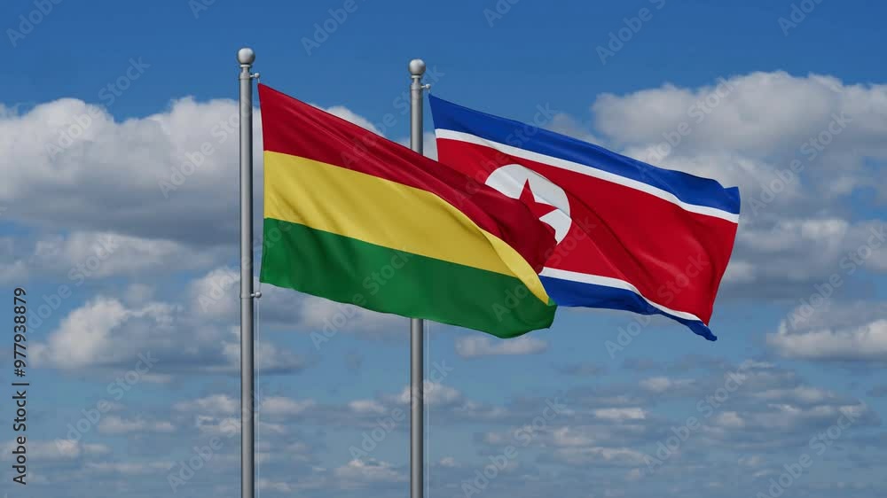 North Korea and Bolivia flags flying together, video concept of the relationship North Korea and Bolivia flags flying together, video concept of the relationship