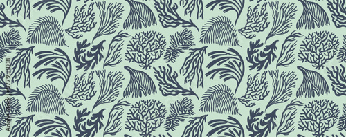 Matisse inspired seaweed and coral seamless banner design in green color. Abstract brush drawn fronds or branches.
