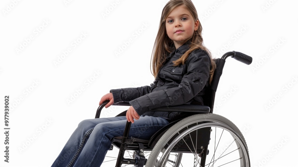 A young girl sitting in a wheelchair, focusing on something ahead A young girl sitting in a wheelchair, focusing on something ahead