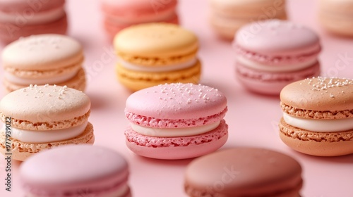 Assorted colorful macarons neatly arranged on a pink surface