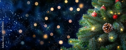 Christmas and New Year holidays background with christmas tree. Bokeh, blurred blue background. Free space for text. light garlands, Christmas tree decorations