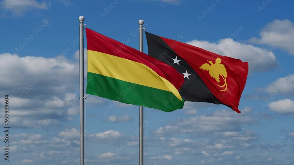 Papua New Guinea and Bolivia flags flying together, video concept of the relationship, two country relations concept Papua New Guinea and Bolivia flags flying together, video concept of the relationship, two country relations concept