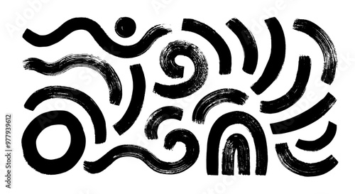 Collection of curved bold lines, arches and circular brush strokes. Hand drawn thick rough lines, swirls.