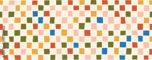 Seamless banner design with checked motif. Hand drawn retro geometric squares seamless pattern. Colorful square dots, particles, geometric mosaic background. Abstract halftone texture.