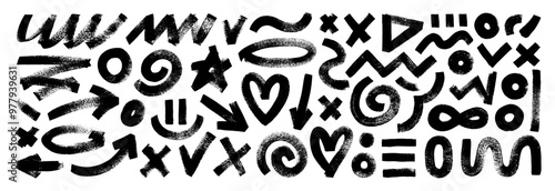 Funny basic geometric shapes, arrows, brush drawn bold squiggles. Various childish doodle grunge elements.