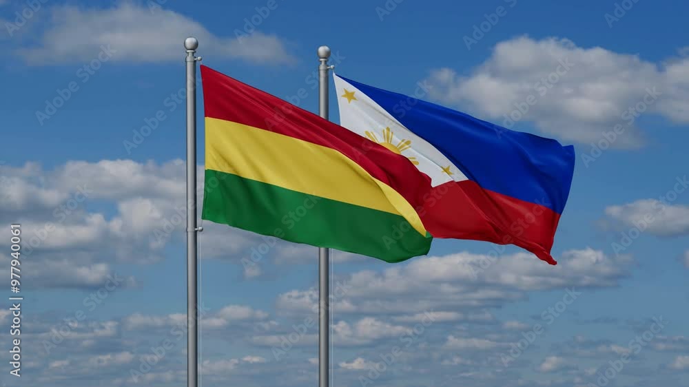 Philippines and Bolivia flags flying together, video concept of the relationship, two country cooperation concept Philippines and Bolivia flags flying together, video concept of the relationship, two country cooperation concept