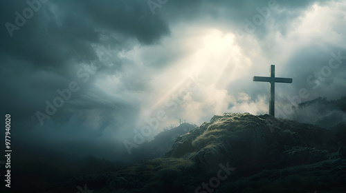 holy cross representing Jesus Christ's crucifixion and resurrection with Over Golgotha Hill, the sky is cloudy and light