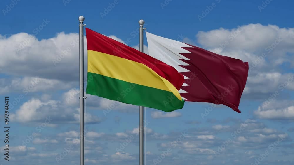 Qatar and Bolivia flags flying together, video concept of the relationship, two country cooperation concept Qatar and Bolivia flags flying together, video concept of the relationship, two country cooperation concept