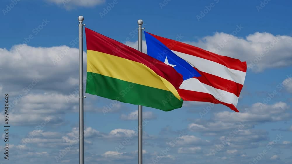 Puerto Rico and Bolivia flags flying together, video concept of the relationship, two country cooperation concept Puerto Rico and Bolivia flags flying together, video concept of the relationship, two country cooperation concept