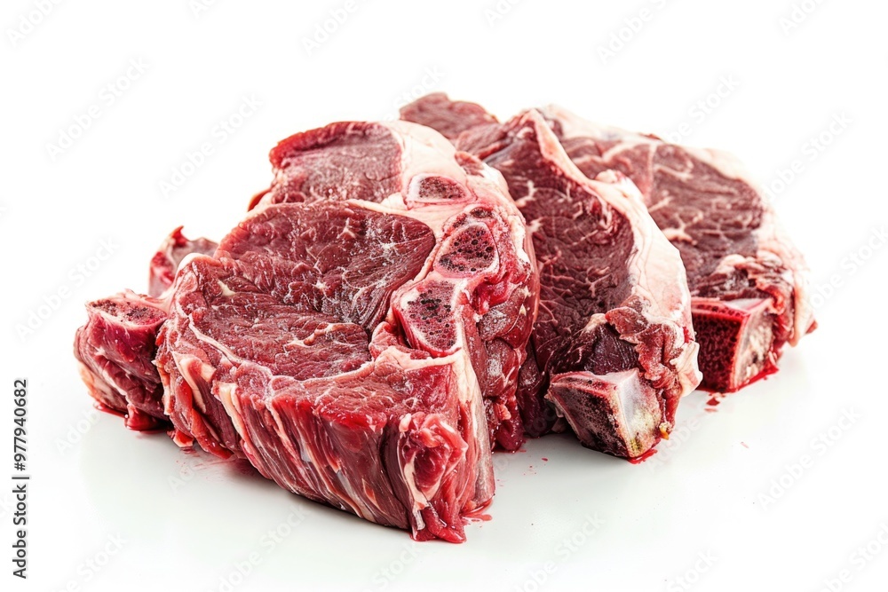 Obraz premium Close-up shot of a pile of raw meat on a white background, ideal for use in food or medical themed illustrations