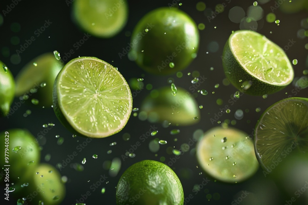 A bunch of limes suspended in mid-air, with a bright and vibrant color A bunch of limes suspended in mid-air, with a bright and vibrant color