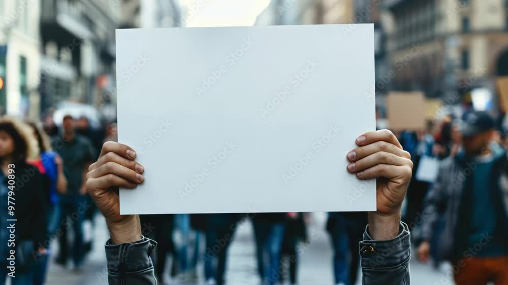 Person Hands Holding Blank White Sign with Copy Space in Urban Protest