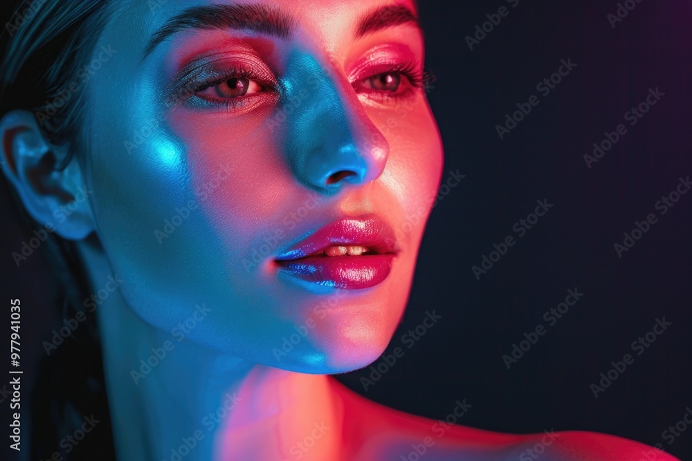 Obraz premium A close-up shot of a woman with vibrant neon makeup, perfect for futuristic or sci-fi themed projects