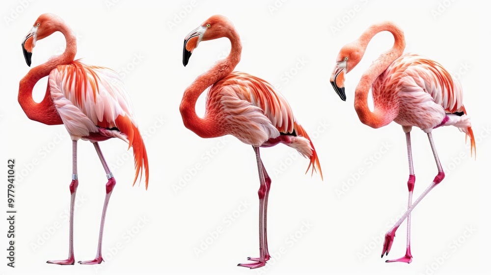 A group of pink flamingos standing in a row, great for use in images about wildlife, nature, or farm scenes