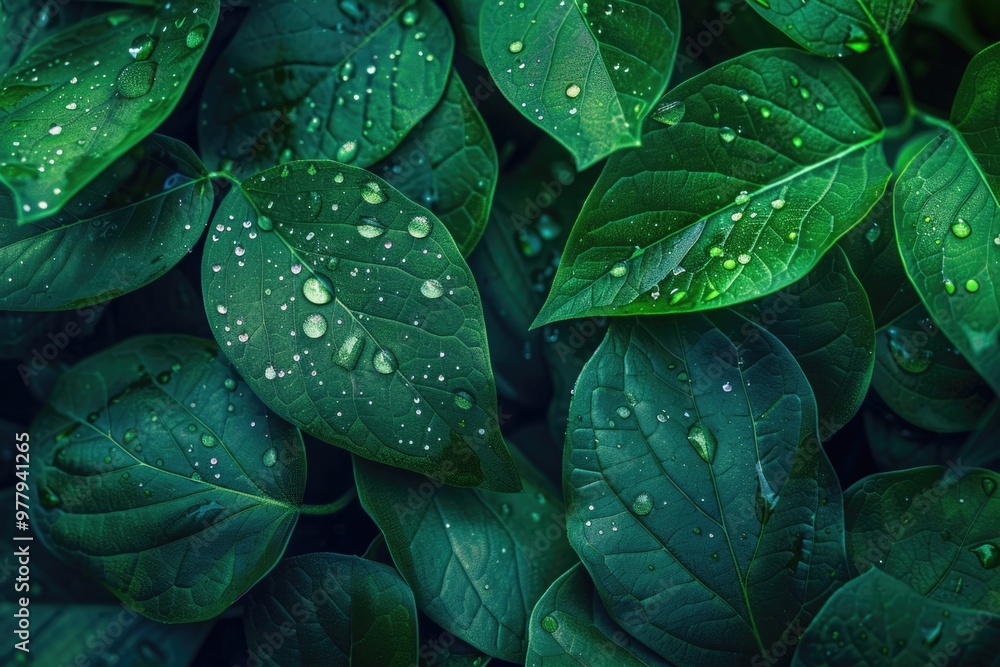 Obraz premium A close-up shot of green leaves with water droplets, suitable for use in scientific or educational contexts