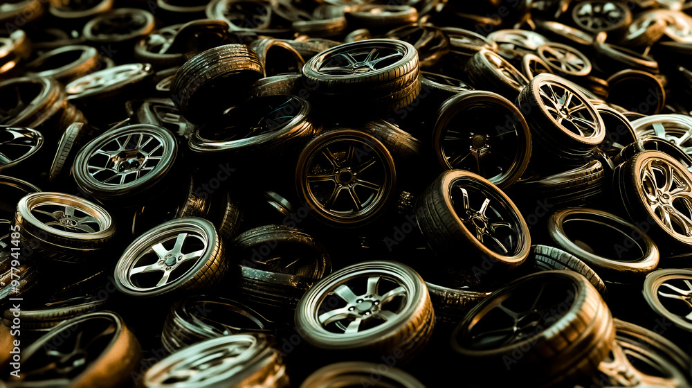 A large pile of car wheels. 3D rendering illustration. A large pile of car wheels. 3D rendering illustration.