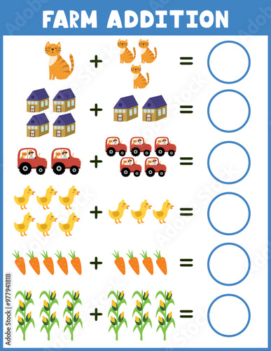 Farm addition worksheet for kids. Math activity page with cute farm characters and elements. Calculate and write the result sheet for school and preschool. Vector illustration