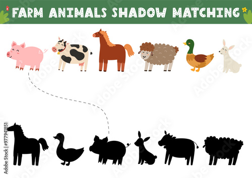 Find the correct shadow activity page with cute farm animals. Farm characters matching game for kids. Search the silhouette puzzle. Vector illustration