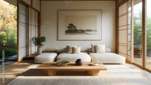 Japanese zen living room with minimalist decor and natural light