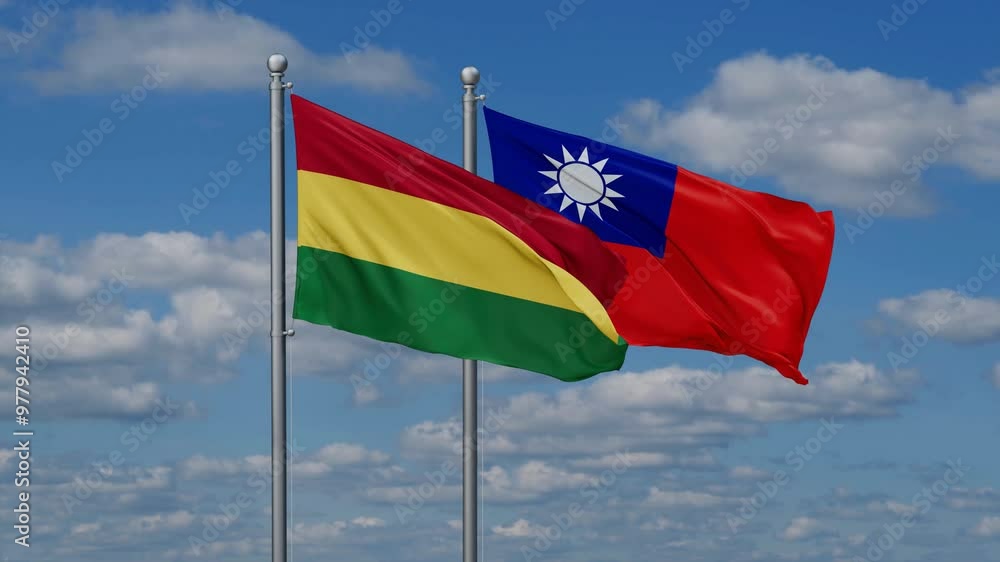 Taiwan and Bolivia flags flying together, video concept of the relationship, two country cooperation concept Taiwan and Bolivia flags flying together, video concept of the relationship, two country cooperation concept