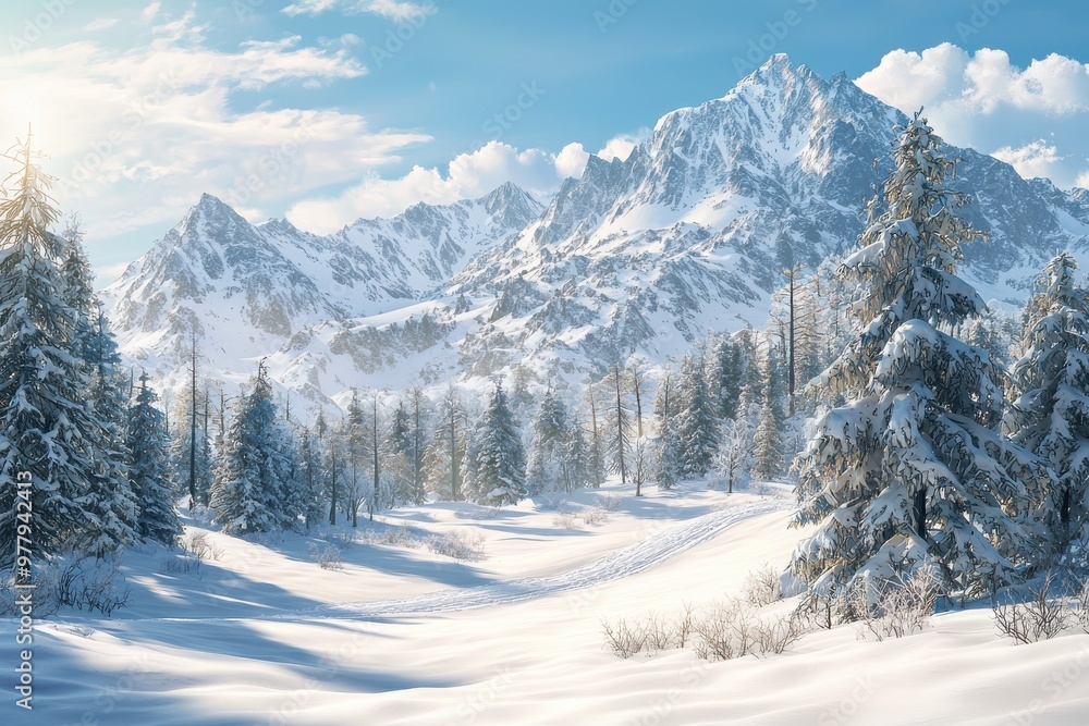 Photorealistic view of snow-covered mountain peaks and forest during a sunny winter day, surrounded by pine trees and snow-covered landscape, Ai Generation Photorealistic view of snow-covered mountain peaks and forest during a sunny winter day, surrounded by pine trees and snow-covered landscape, Ai Generation