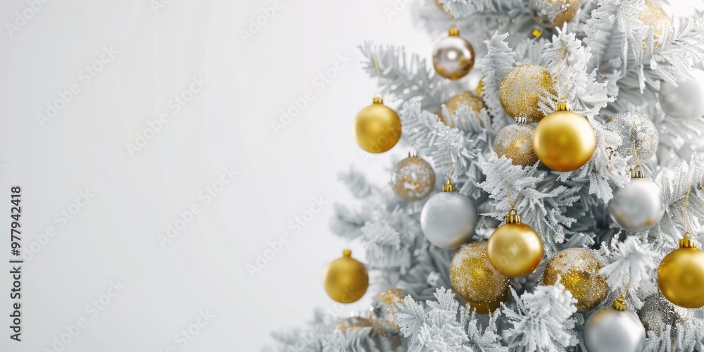 Fototapeta premium A beautiful white Christmas tree decorated with gold and silver ornaments, perfect for winter holidays and celebrations