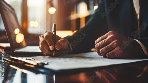 A man in a suit and tie is writing on a piece of paper with a pen, symbolizing the process of signing important documents.