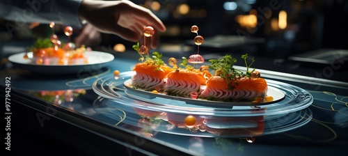 Futuristic depiction of food service reaching new heights of culinary excellence molecular gastronomy AIassisted cooking 3Dprinted meals redefine the possibilities of flavor texture and presentation photo