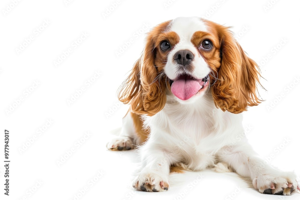A brown and white dog resting with its tongue hanging out, ready to play or take a nap A brown and white dog resting with its tongue hanging out, ready to play or take a nap