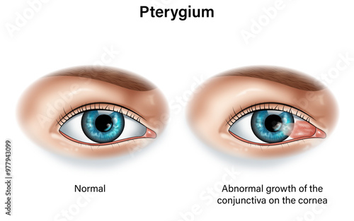 Normal Eye Anatomy vs. Pterygium: Detailed Science Vector Illustration of Abnormal Growth of the Conjunctiva on the Cornea, Complete with Labels for Educational Purposes