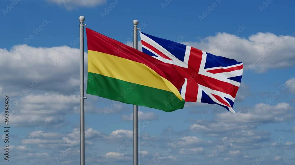 United Kingdom and Bolivia flags flying together, video concept of the relationship, two country cooperation concept United Kingdom and Bolivia flags flying together, video concept of the relationship, two country cooperation concept