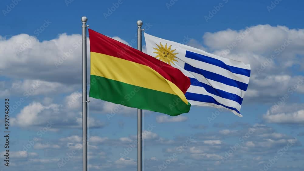 Uruguay and Bolivia flags flying together, video concept of the relationship, two country relations concept Uruguay and Bolivia flags flying together, video concept of the relationship, two country relations concept
