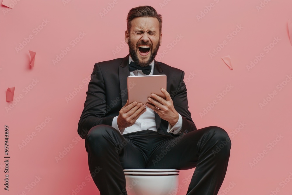 A man is seated on the toilet, using a tablet for entertainment or work A man is seated on the toilet, using a tablet for entertainment or work