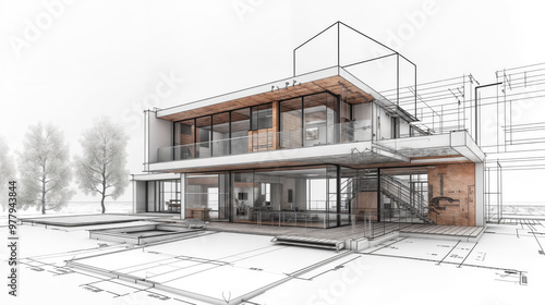 Modern house under construction being built according to architectural plans
