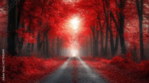 Serene road lined with red maple trees in autumn