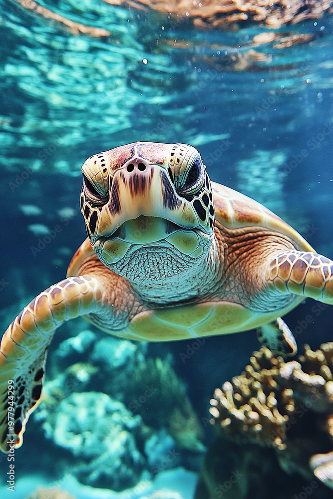 Fototapeta premium a beautiful cute turtle swim in deep ocean close up shot generated by AI