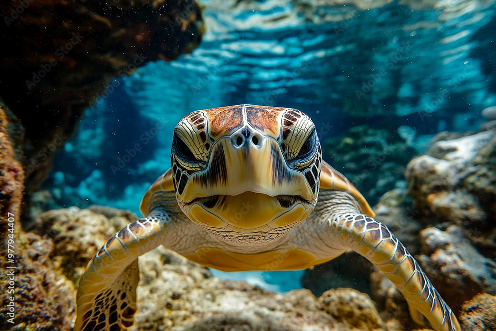 a beautiful cute turtle swim in deep ocean close up shot generated by AI a beautiful cute turtle swim in deep ocean close up shot generated by AI