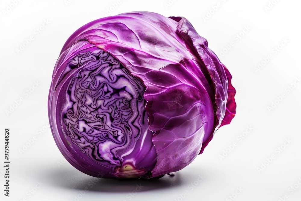 A close-up shot of a purple cabbage on a white surface, ideal for use in recipes or as a decorative element A close-up shot of a purple cabbage on a white surface, ideal for use in recipes or as a decorative element