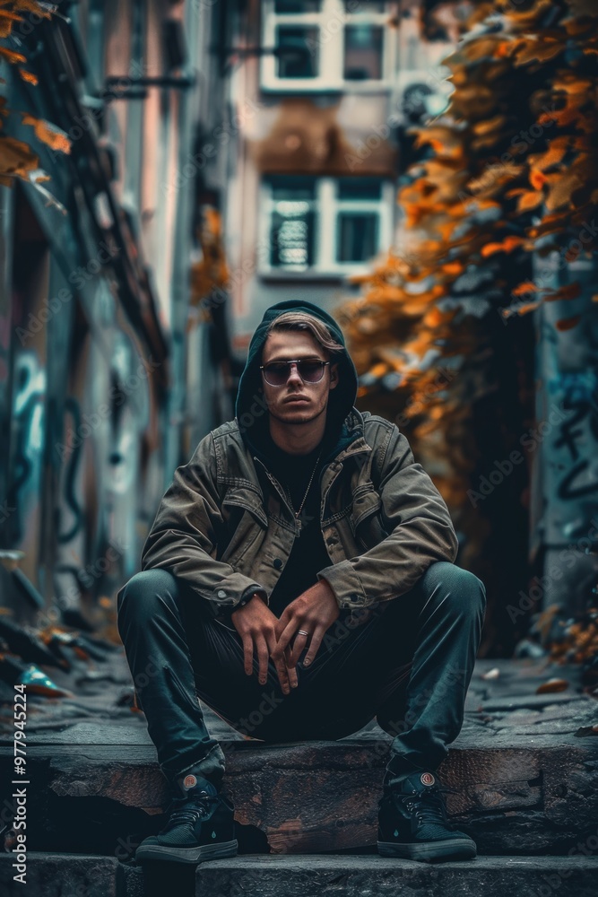 A person sitting on the steps of a building A person sitting on the steps of a building