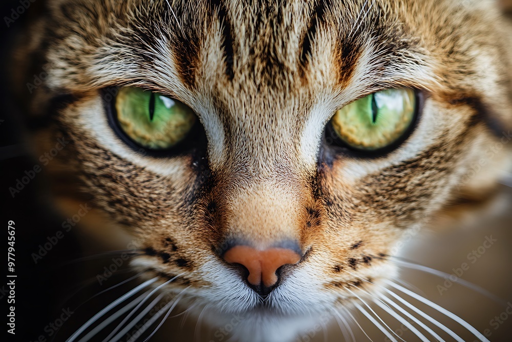Close up portrait of a tabby cat with piercing green eyes Close up portrait of a tabby cat with piercing green eyes