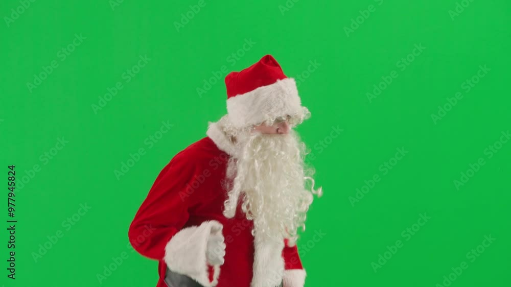Portrait of man dressed as Santa on chroma key green screen background. Santa Claus in red outfit with beard and mustache running. Half turn. Portrait of man dressed as Santa on chroma key green screen background. Santa Claus in red outfit with beard and mustache running. Half turn.