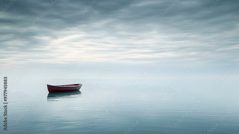 Naklejka premium Solitary boat floating on a peaceful ocean with an endless sky and subtle waves