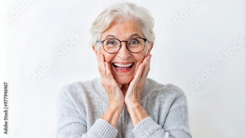 grandmother, putting her hands to her cheeks from the doting and lovely scene, hooting and impressed, smiling happily, standing against the white wall with her glasses on