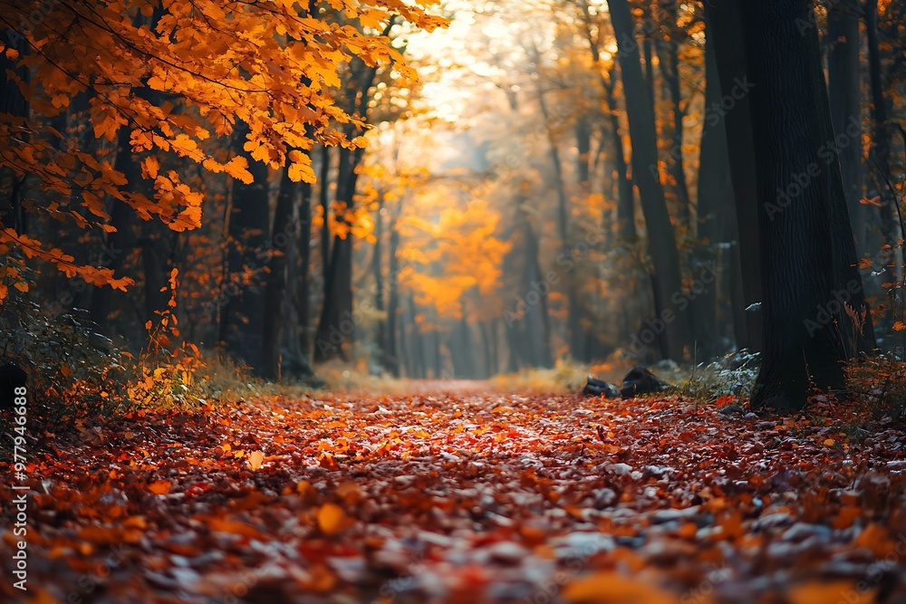 Autumn Forest Path with Sun Rays Through Trees and Fallen Leaves Autumn Forest Path with Sun Rays Through Trees and Fallen Leaves