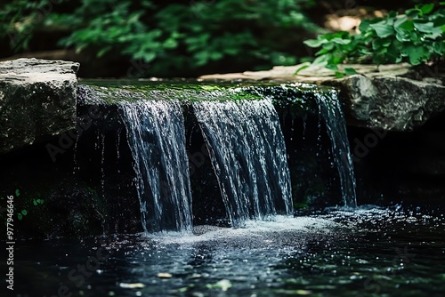Close up of a small waterfall flowing over rocks into a pond