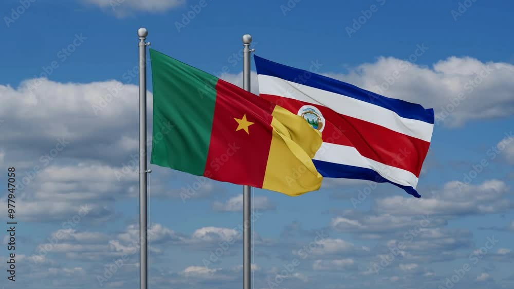 Costa Rico and Cameroon flags flying together, video concept of the relationship, two country cooperation concept Costa Rico and Cameroon flags flying together, video concept of the relationship, two country cooperation concept