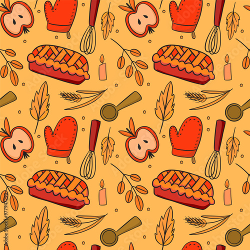A beautifully designed Autumn Kitchen Decor Pattern featuring delightful Apples and delicious Pies