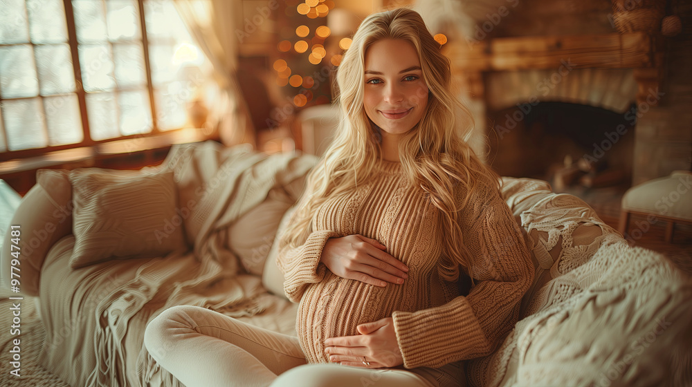 Smiling pregnant woman in sweater is sitting on sofa cozy room. Home comfort and motherhood concept Smiling pregnant woman in sweater is sitting on sofa cozy room. Home comfort and motherhood concept