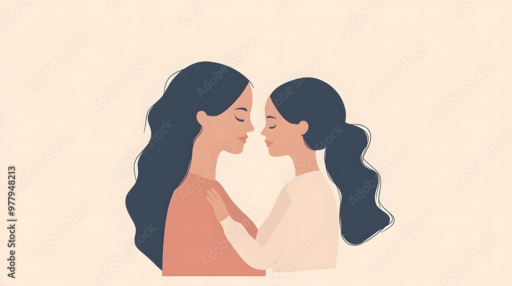Minimalist flat illustration of mother and daughter with closed eyes, showing emotional connection and simplicity Minimalist flat illustration of mother and daughter with closed eyes, showing emotional connection and simplicity